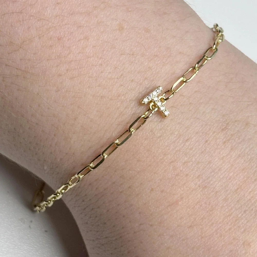 Gold Tone Initial T Paperclip Chain Bracelet Pave‎ Rhinestone Adjustable 8.25in